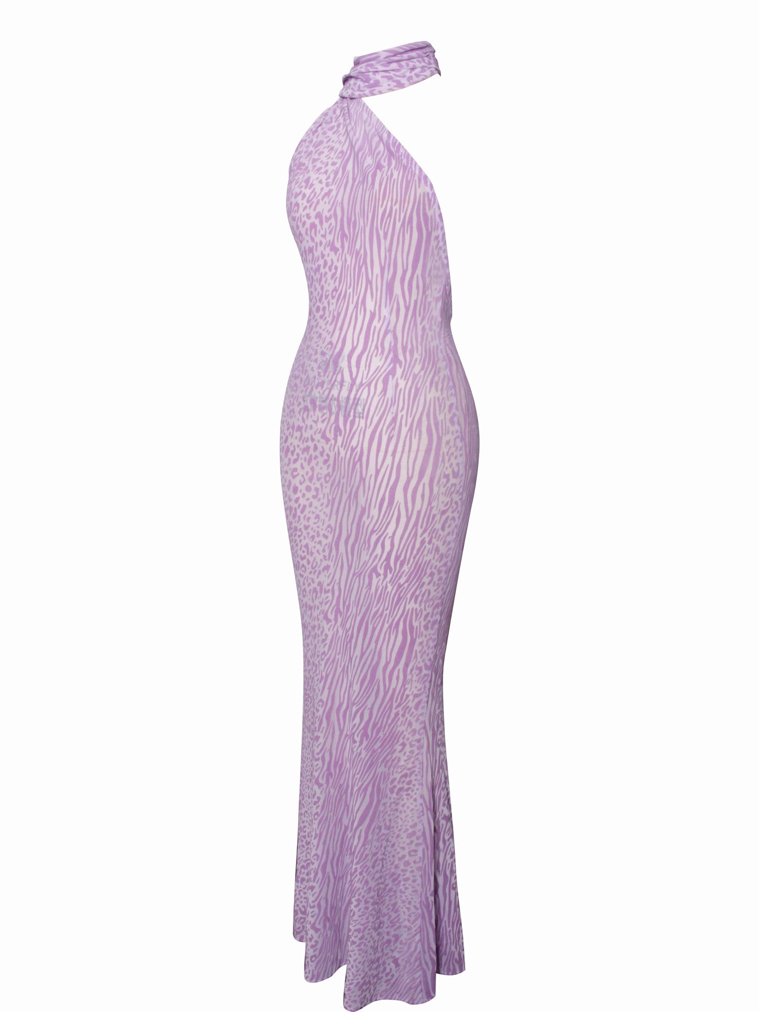 Olena Burnout Velvet Animal Print Mesh Halter Neck Maxi Dress | Purple