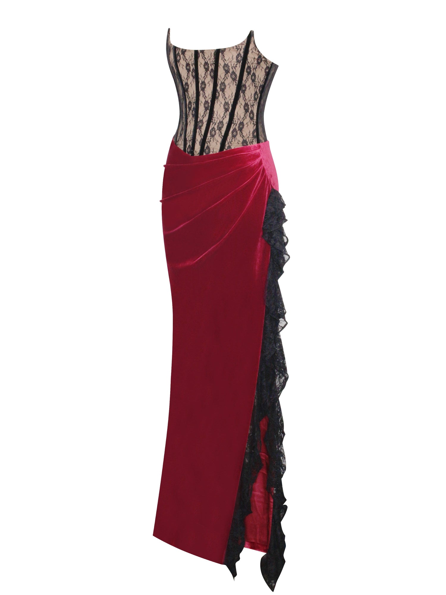 Gaia Lace Velvet Corset Side Slit Dress | Burgundy