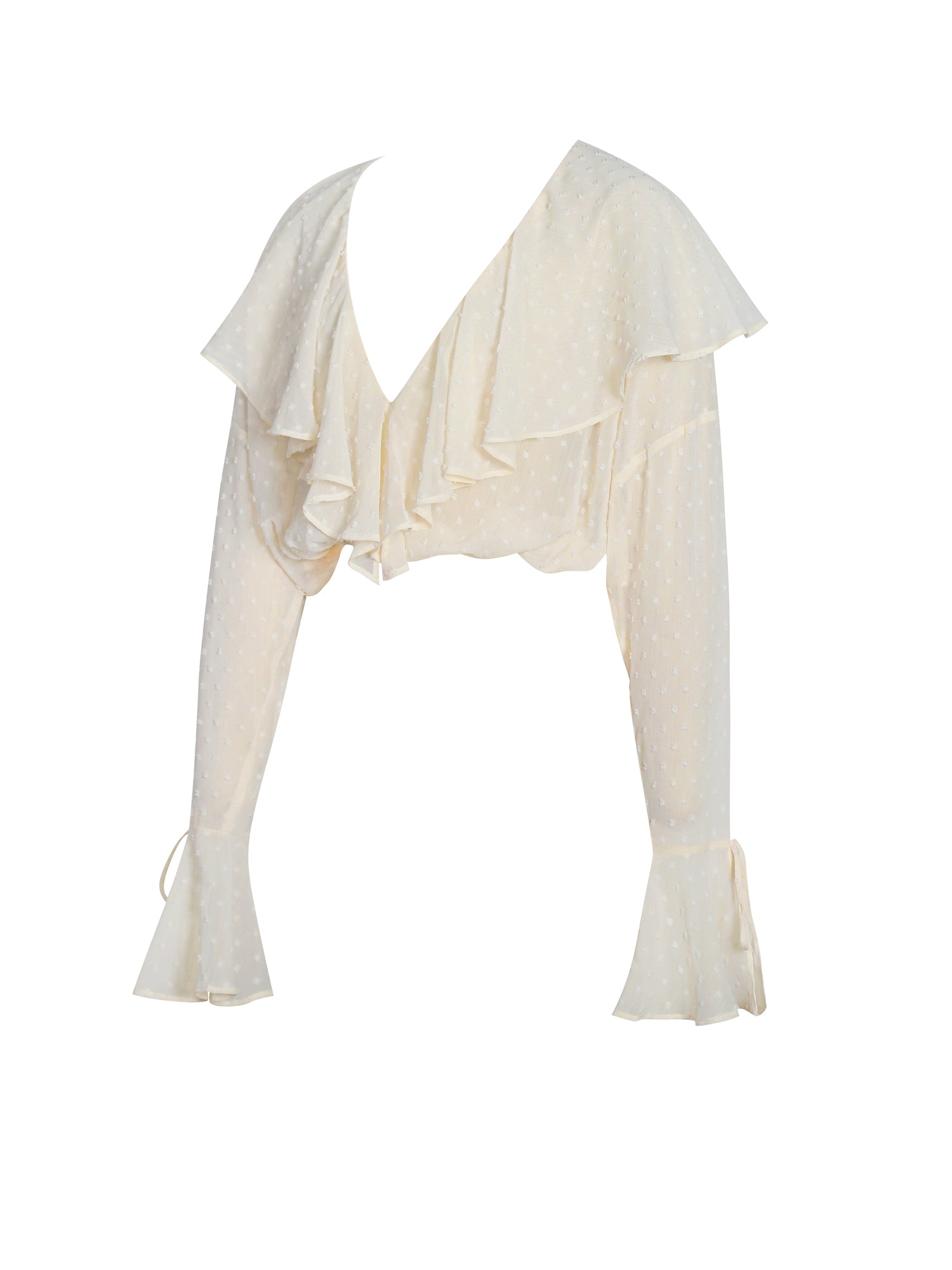 Magali Dotted Mesh Ruffle V Collar Top | Beige