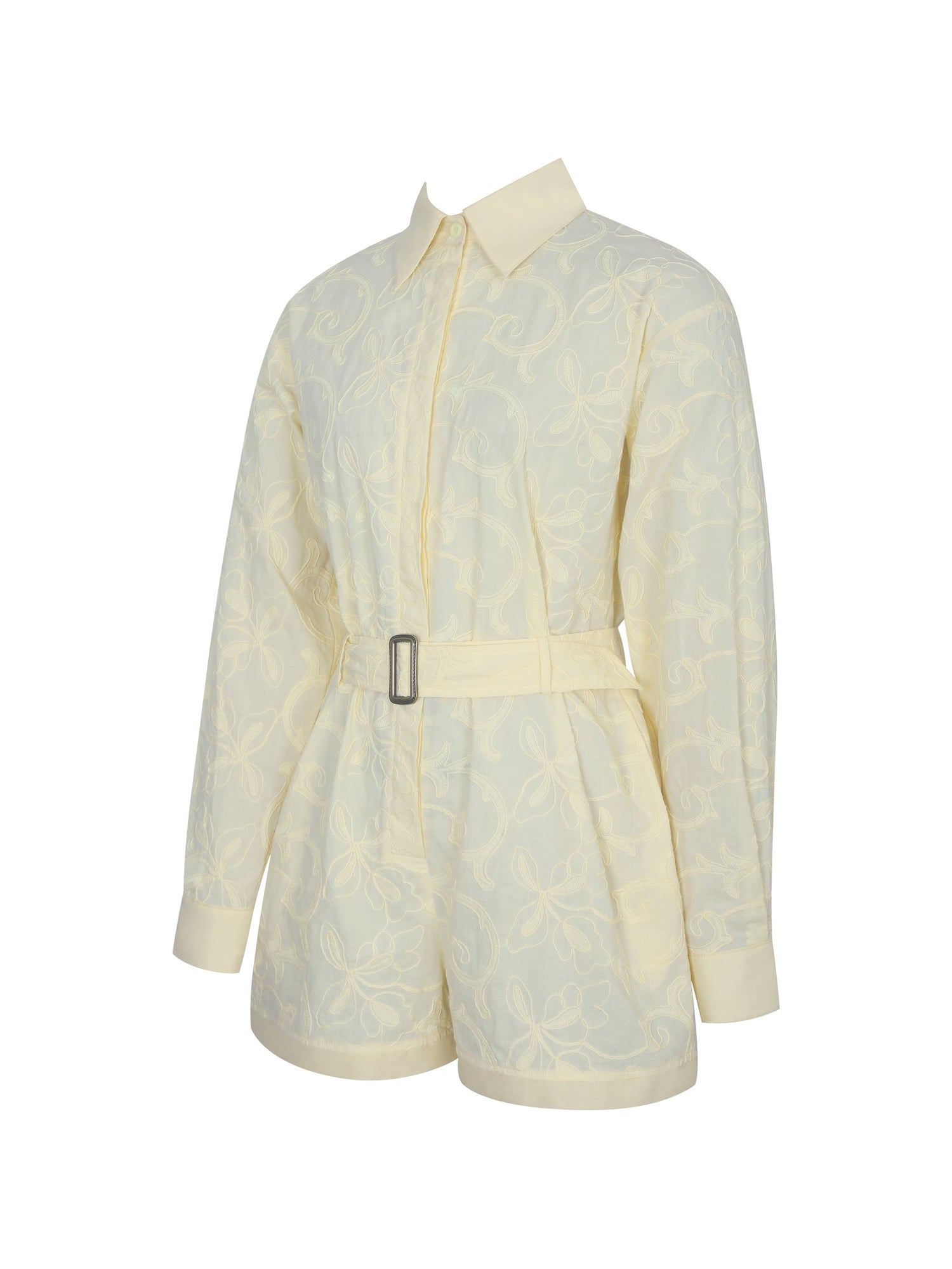 Malou Embroidered Poplin Belted Shirt Romper | Lemon Yellow