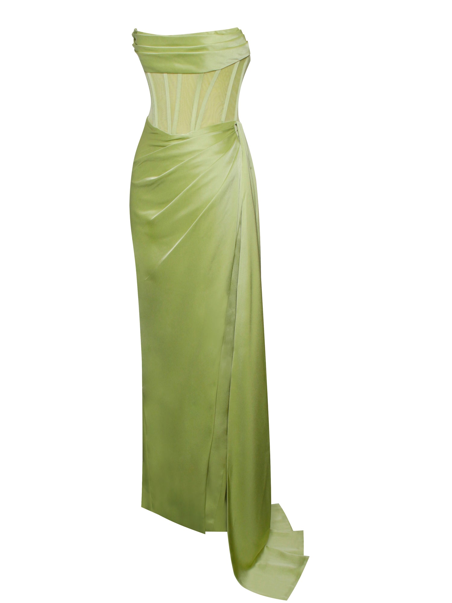 Prisa High Slit Satin Corset Gown | Lime