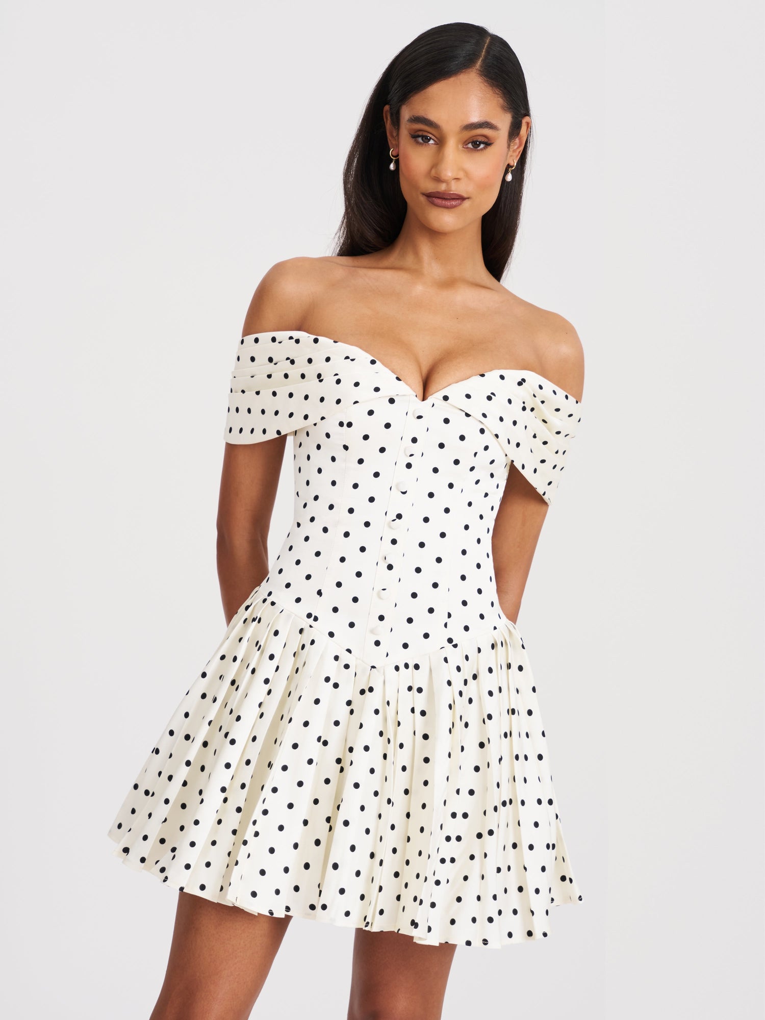Edeline Polka Dot Off-shoulder Pleated Mini Dress | Black and White Polka Dot
