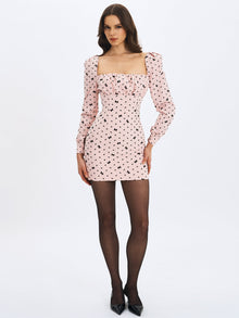 Perla Ruched Bust Velvet-Embossed Bow Mini Dress | Baby Pink