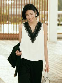 V-neck mulberry silk top | White
