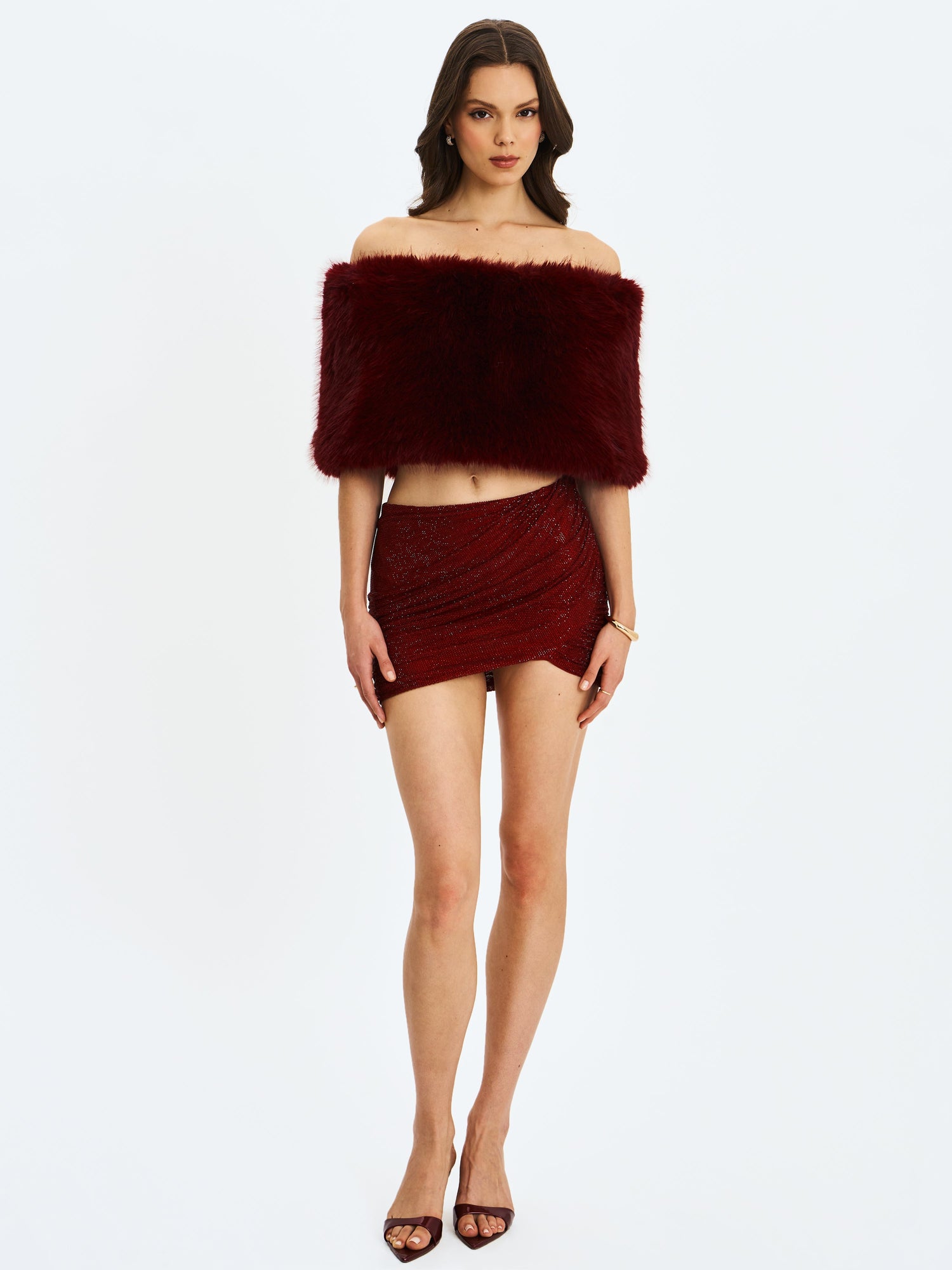 Darla Faux Fur Off-Shoulder Cropped Top | Burgundy