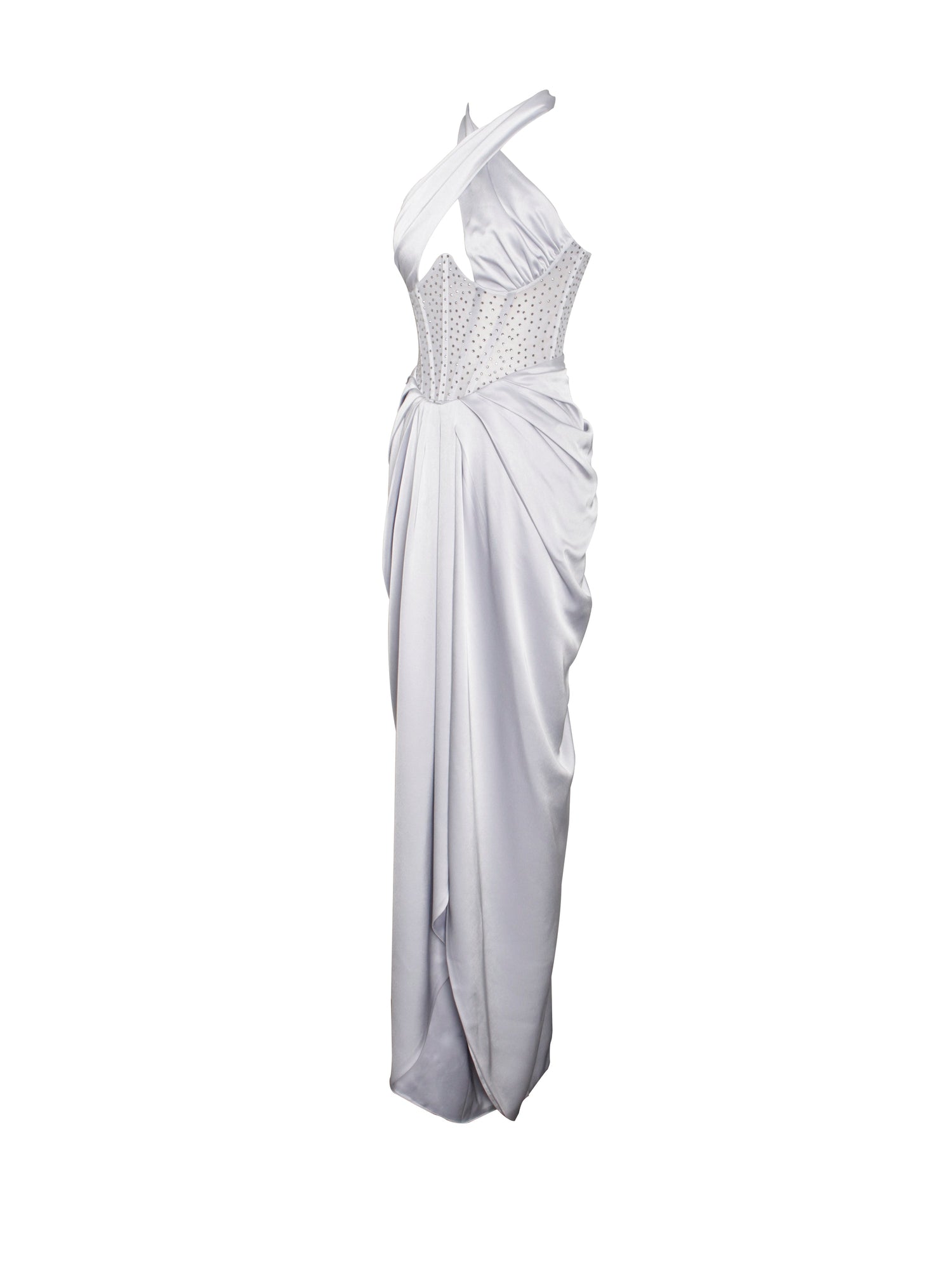 Noemie Crystal Corset Satin Gown | Silver