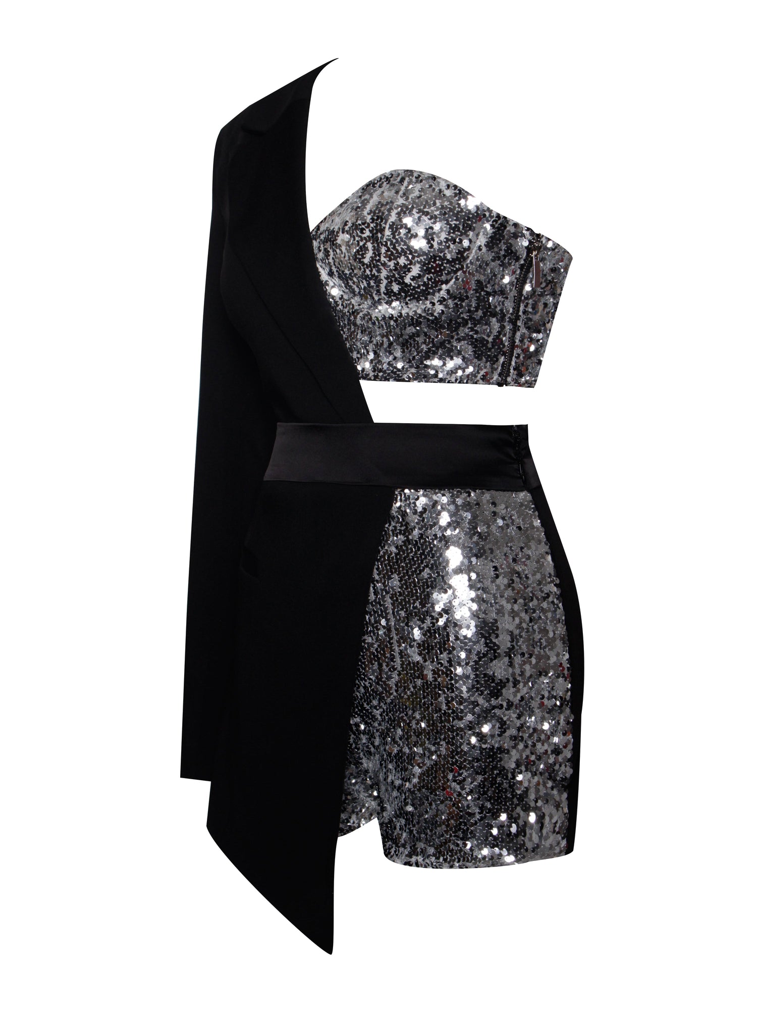 Skylynn Sequin One Sleeve Blazer Romper | Black