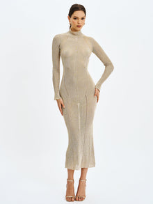 Shay Stretch Knit Backless Long Sleeve Maxi Dress | Gold
