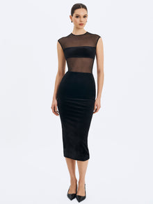 Quielle Mesh and Velvet Midi Bodycon Dress | Black