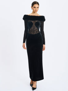 Alexis Velvet Animal Print Fur Boatneck Maxi Dress | Black