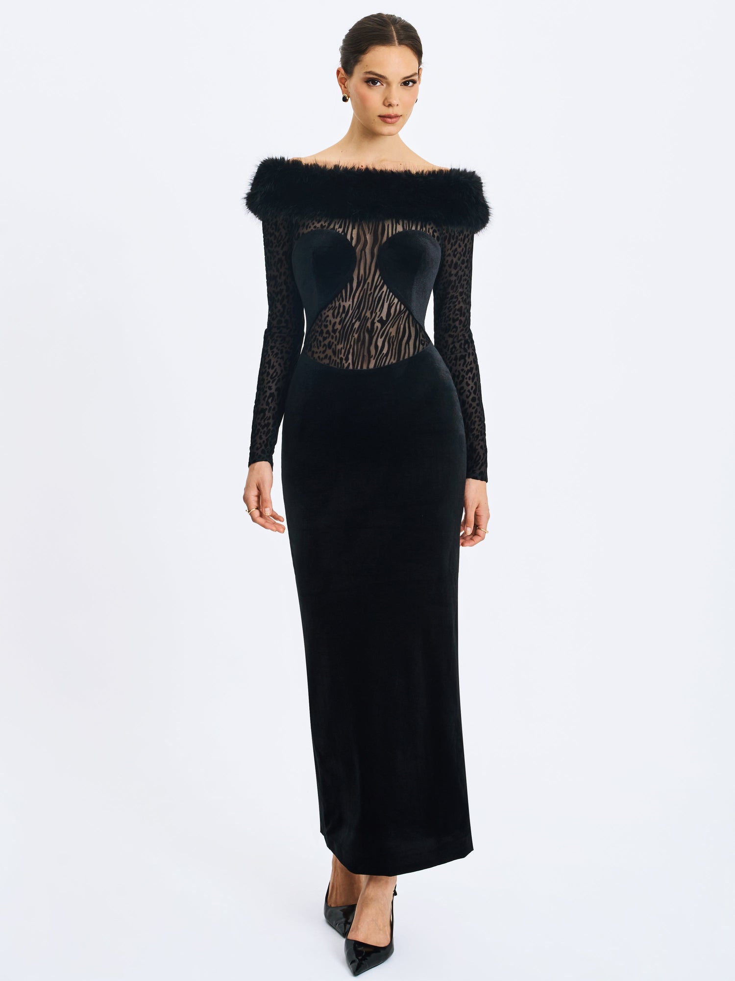 Alexis Velvet Animal Print Fur Boatneck Maxi Dress | Black