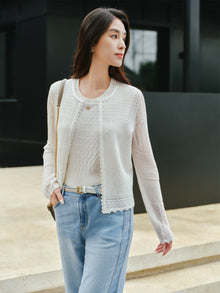 Jacquard Crew Neck Knit Cardigan | White