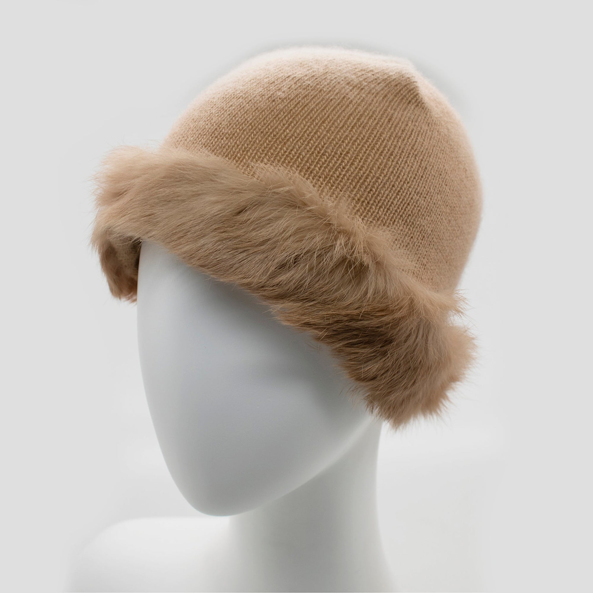 Cashmere Hat With Rabbit Fur Cuff | Camel