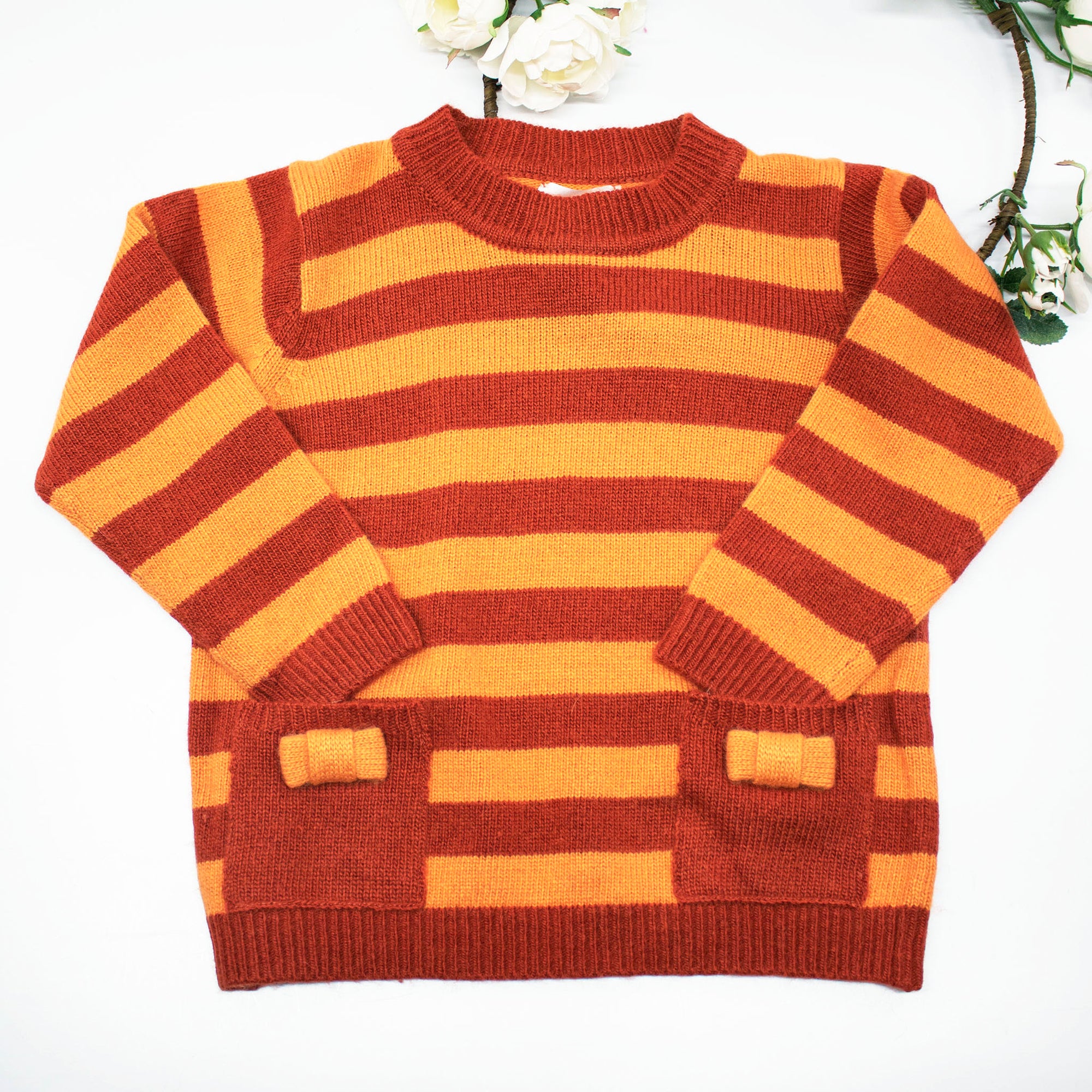 Kids | Knit Striped Sweater with Bows | Rust/Mandarin
