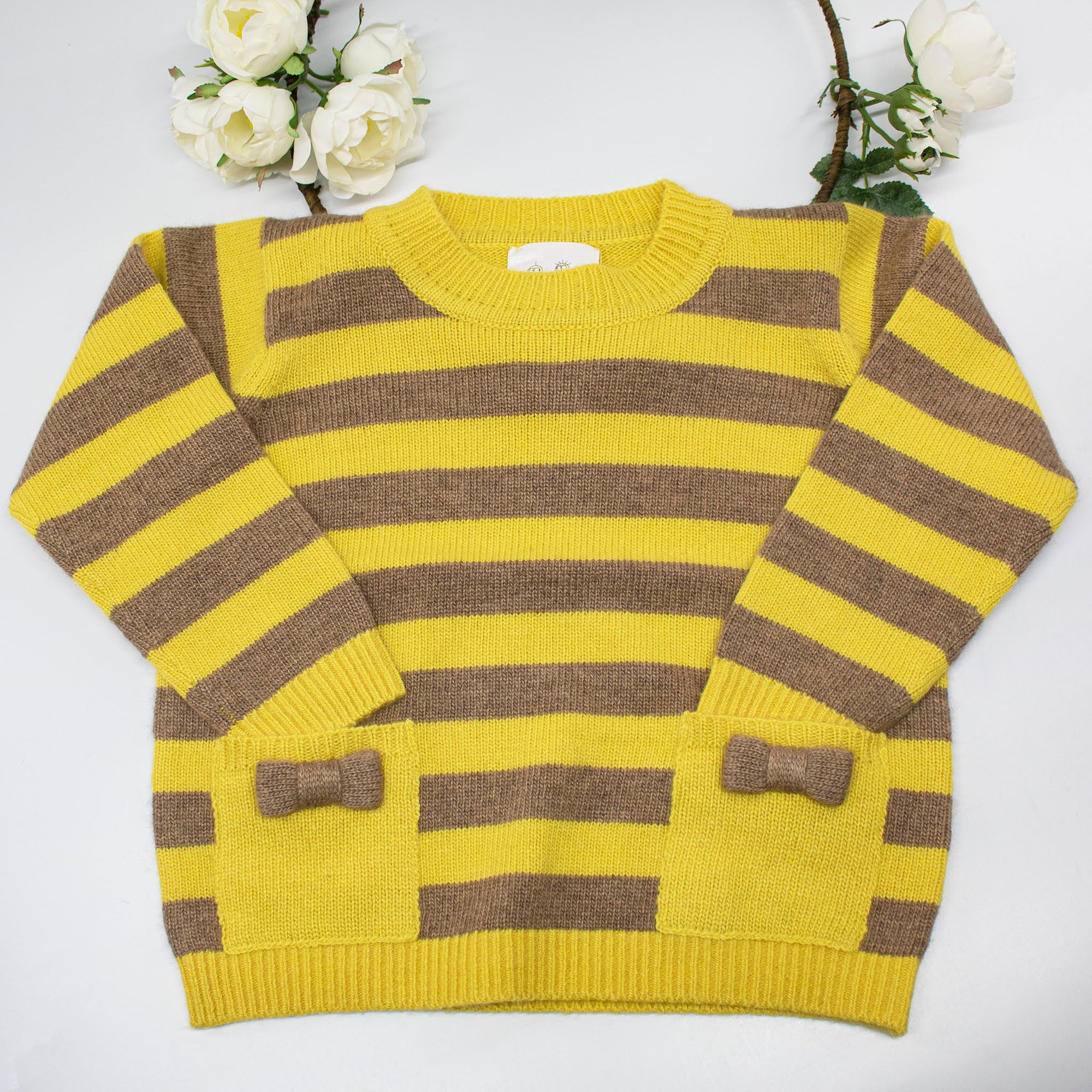 Kids | Knit Striped Sweater with Bows | Yellow/Asinello