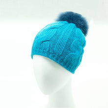 Chunky Cable Beanie With Fox Fur Pom | Blue