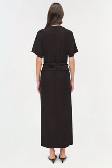 Black jersey t-shirt dress with short sleeves and ruched waist detail, shown from back view.