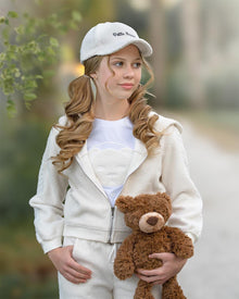 fur white teddy Petite Maison Kids logo hat. super cute to pair with the teddy collection 