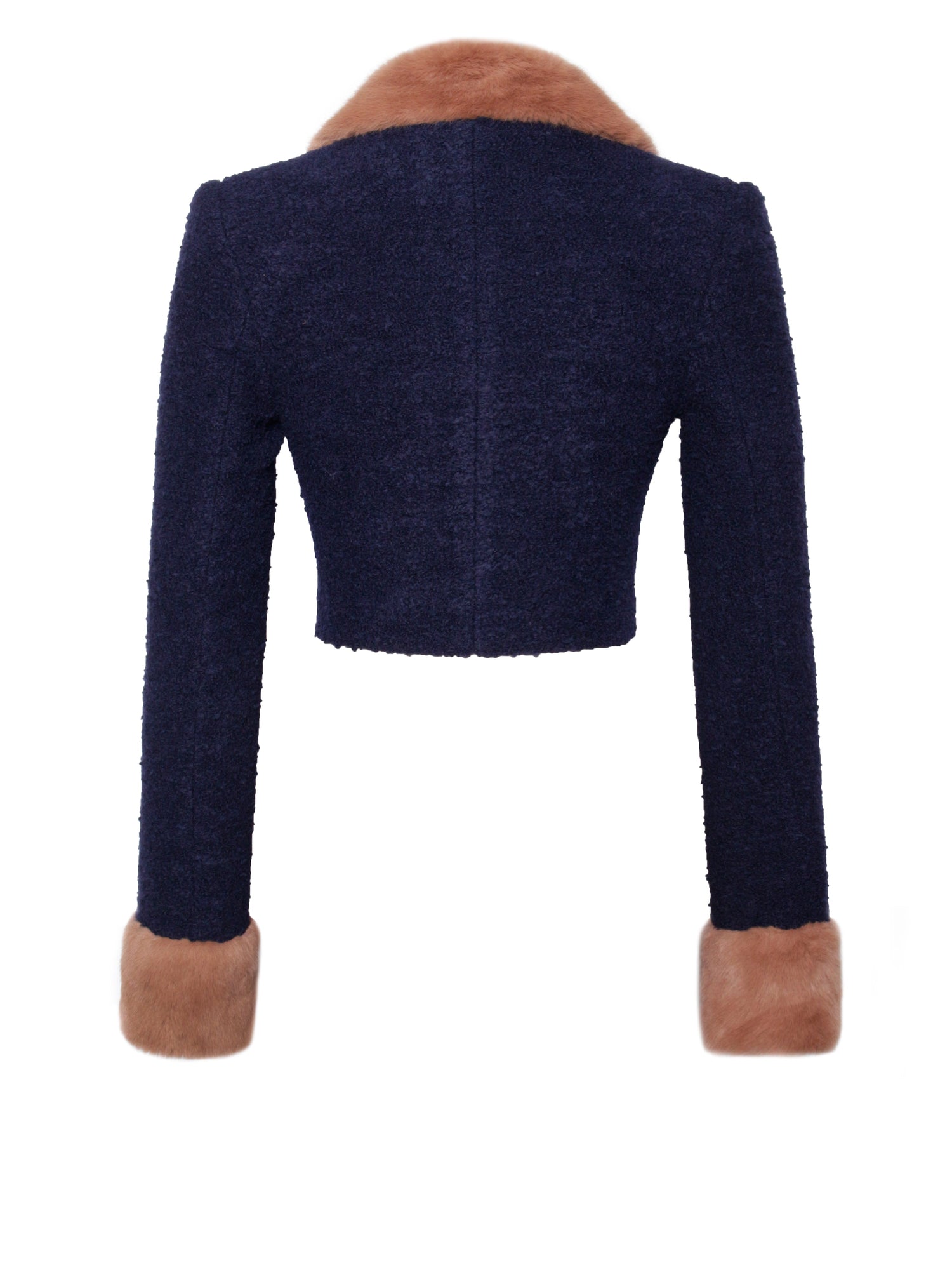 Wava Double Breast Fur Trim Cropped Boucle Wool Jacket | Navy Blue