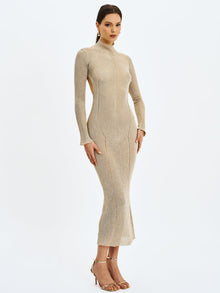 Shay Stretch Knit Backless Long Sleeve Maxi Dress | Gold