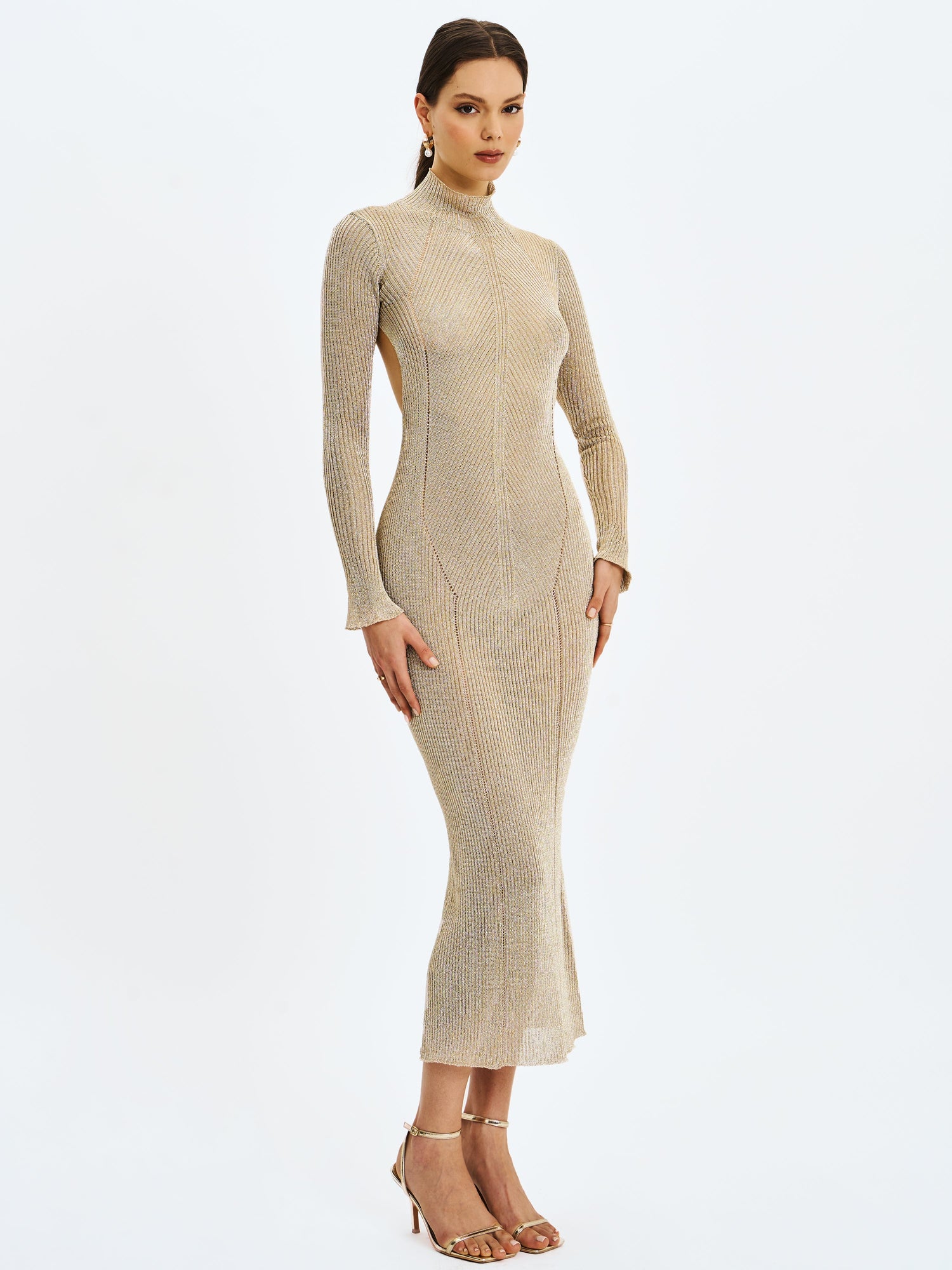 Shay Stretch Knit Backless Long Sleeve Maxi Dress | Gold