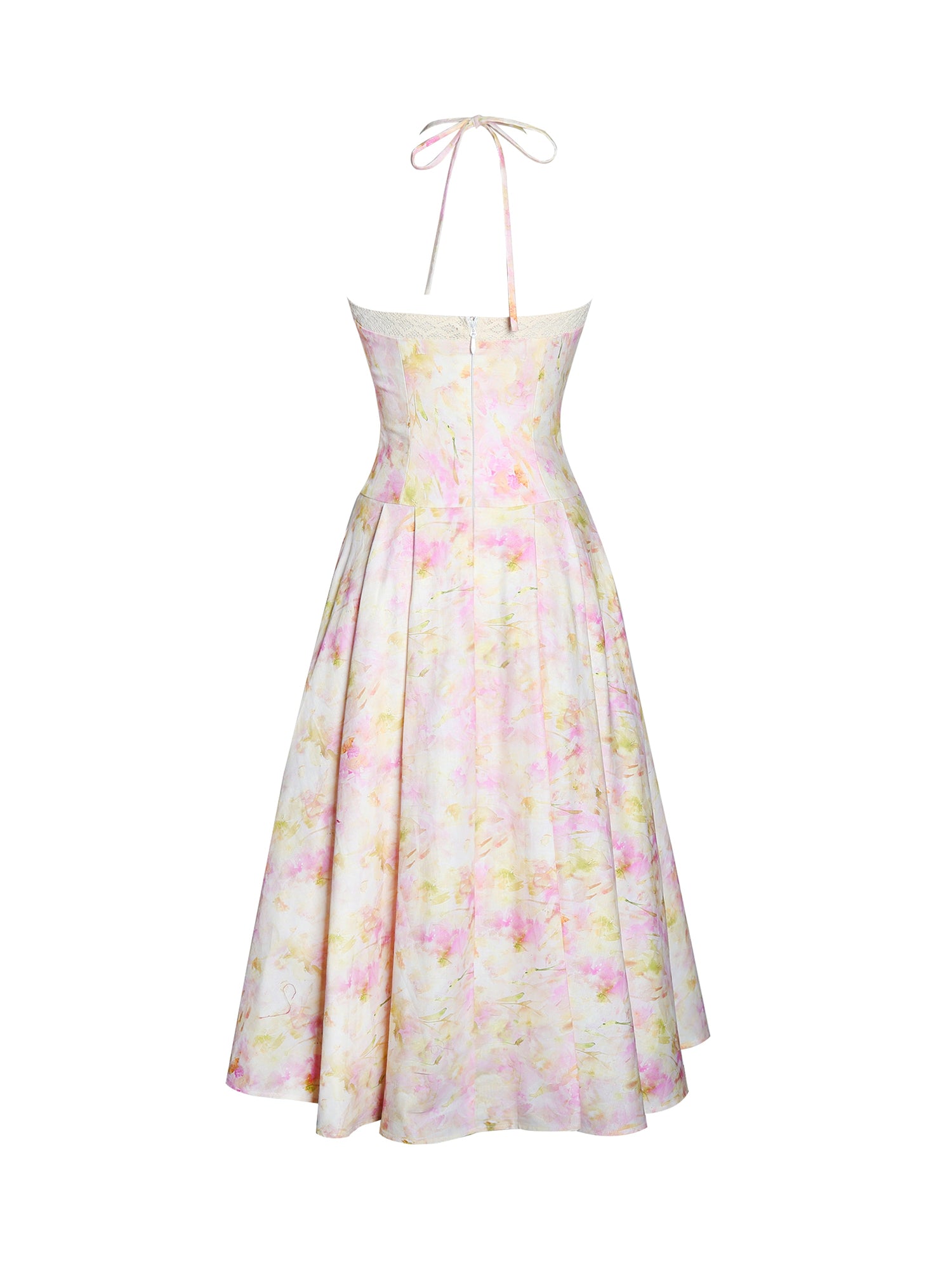 Zaina Floral Print Lace Trim Linen Midi Dress | Yellow and Pink
