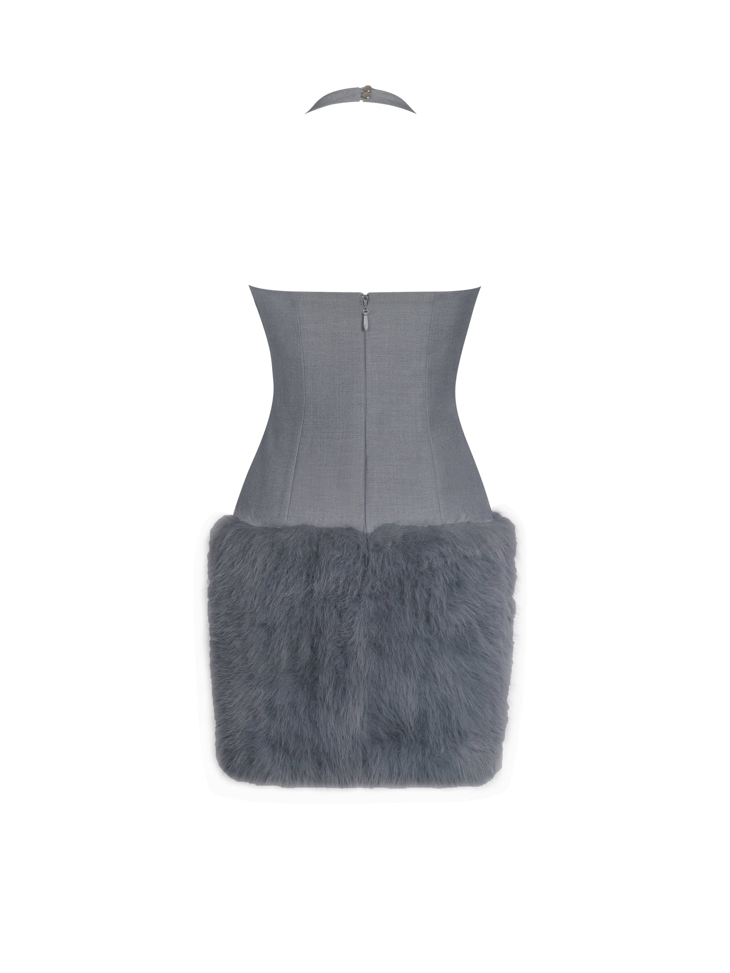 Daisy Drop Waist Fur Trim Halter Mini Dress | Grey
