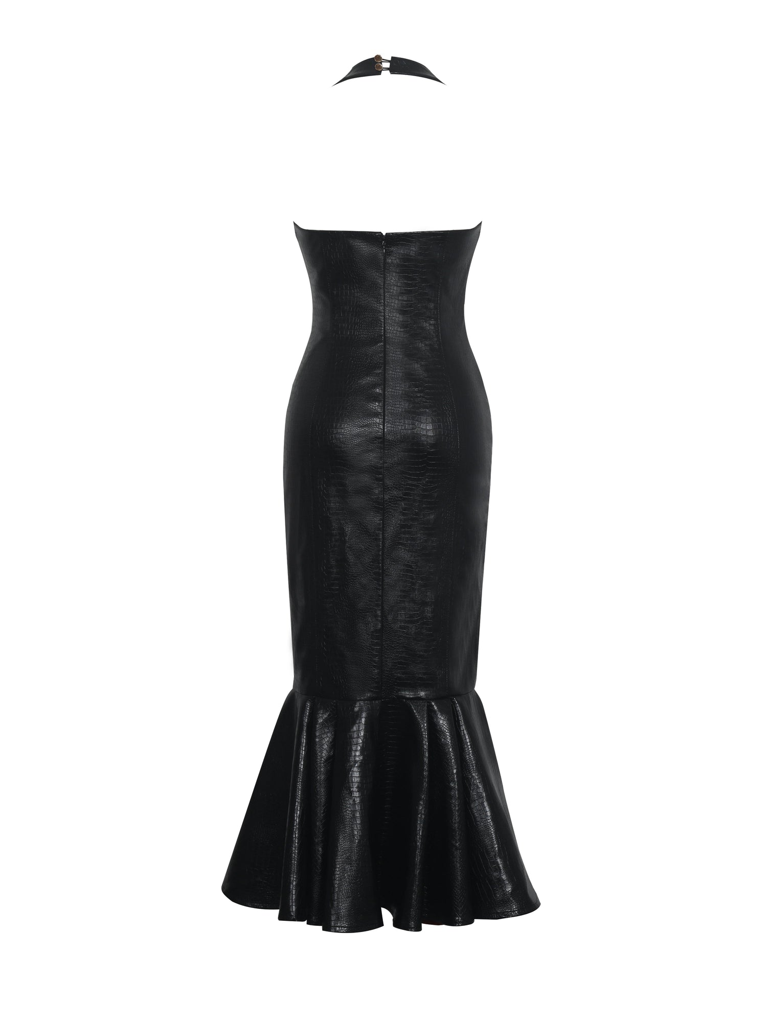 Gardenia Leather Midi Sweetheart Halter Flared Dress | Black