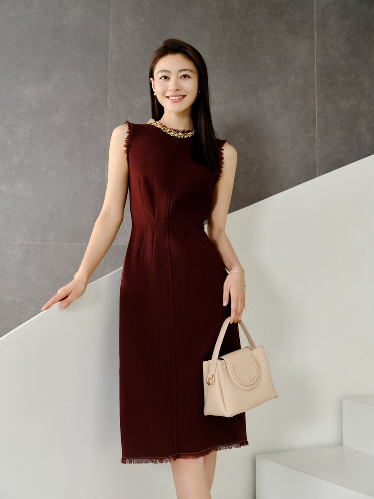 Elegant Pure Wool Dress | Wine Red