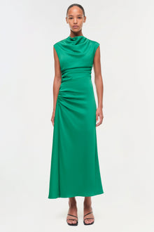 Green satin midi dress with draped neckline and ruched side detailing, sleeveless design.