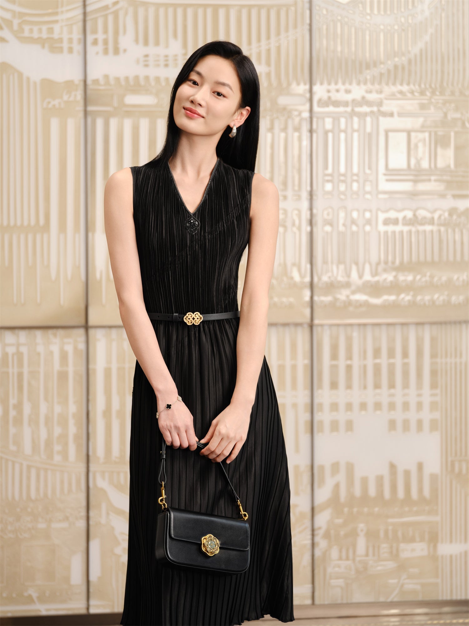 Pleated Waist-Cinched Dress | Black