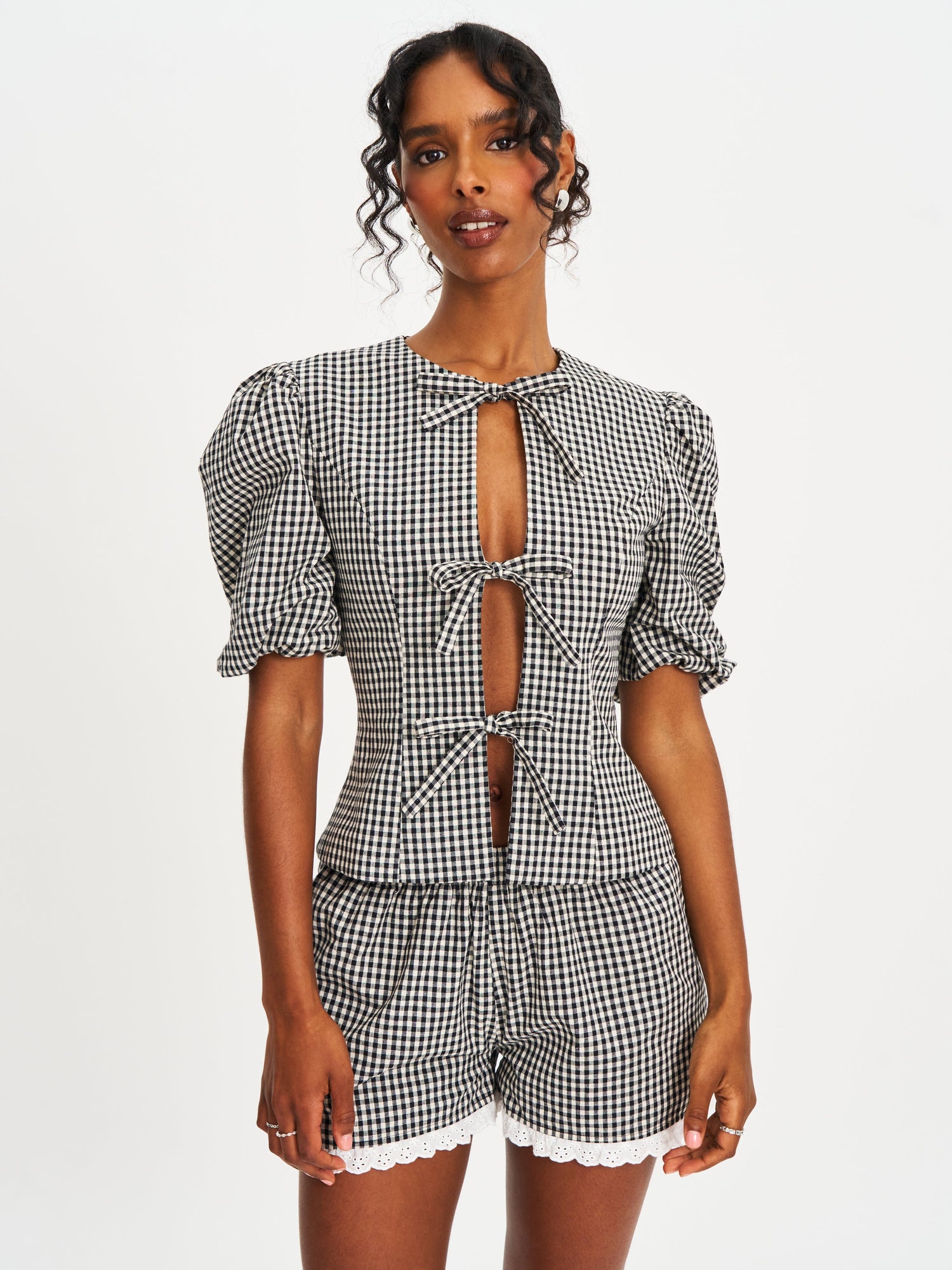 Qusayla Cotton Bubble Sleeve Bowtie Top | Black Gingham
