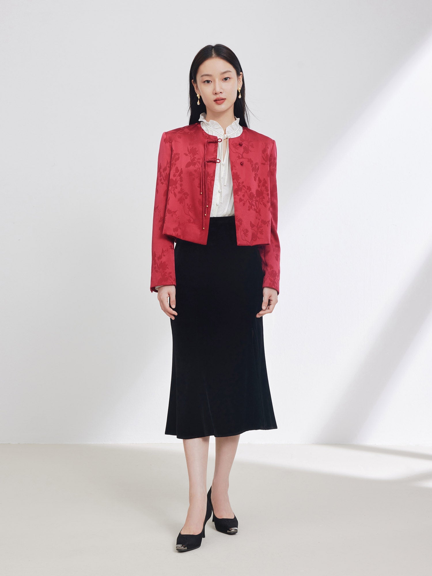 Satin Chinese-style Jacket | Wine Red