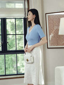 Silk and Acetate V-Neck Color-Blocked Design Dress | Blue