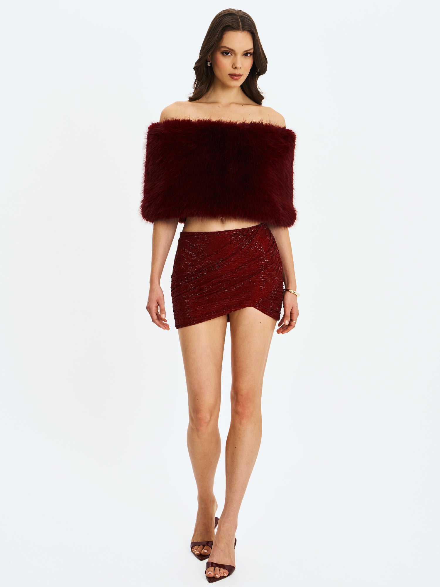 Darleen Rhinestone Mesh Low Waist Ruched Skirt | Crimson