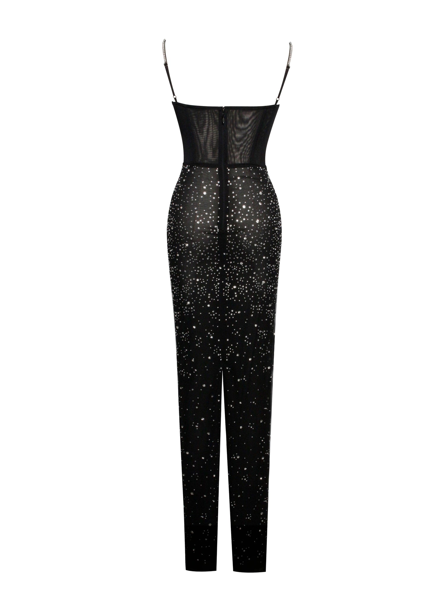 Jimena Crystal Embellished Back Slit Maxi Dress | Black/Silver