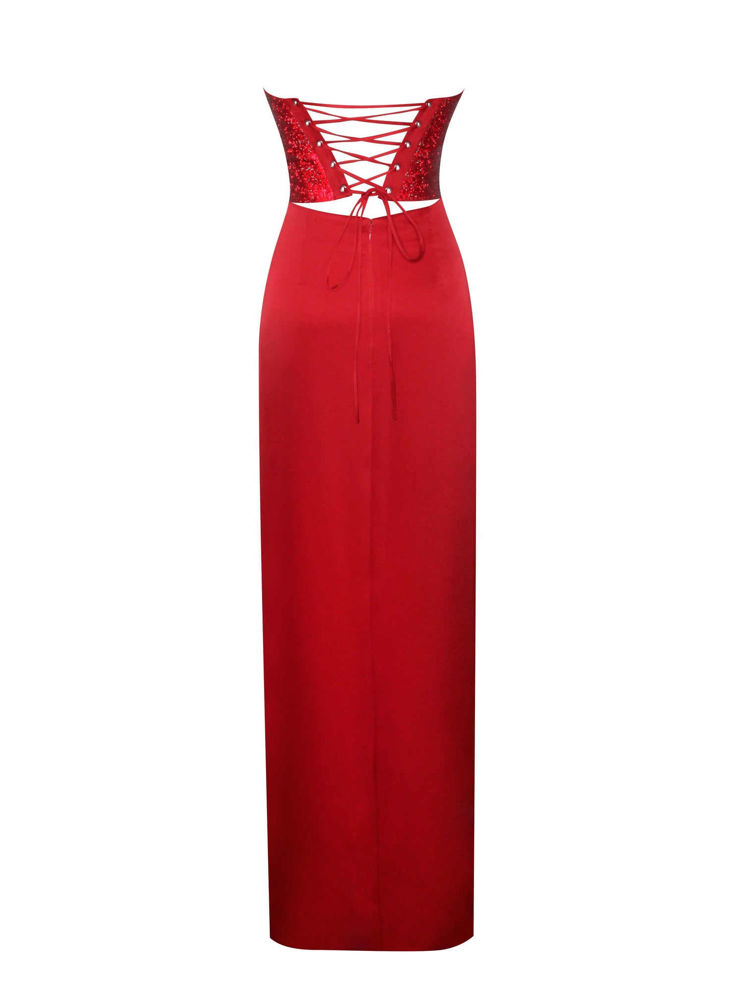 Kadesha Crystal High Slit Satin Corset Gown | Red