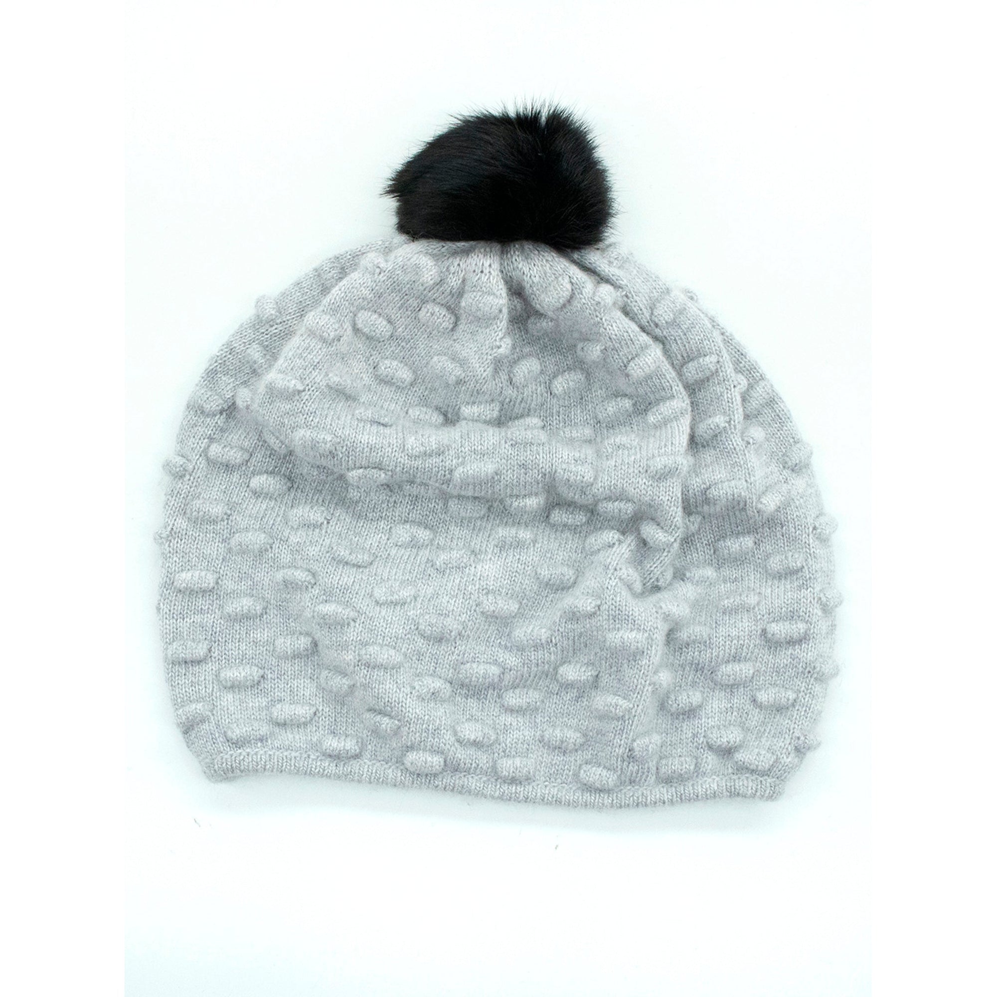 Hat In Popcorn Stitch And Fur Pom | Silver