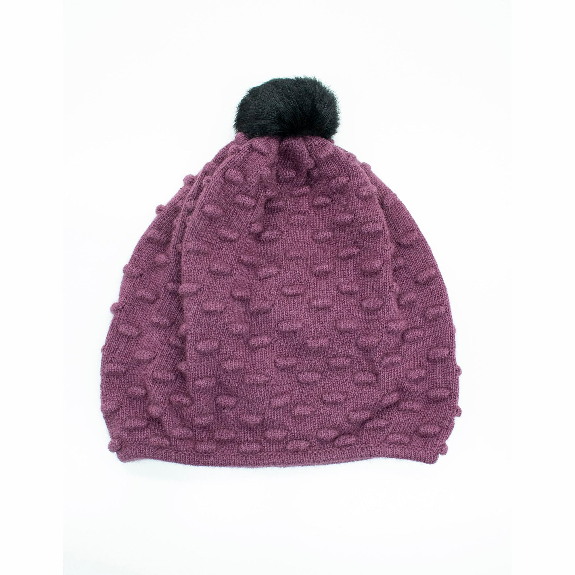 Hat In Popcorn Stitch And Fur Pom | Damson