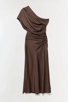 Brown satin midi dress with one-shoulder neckline, draped bodice, and ruched side detail.