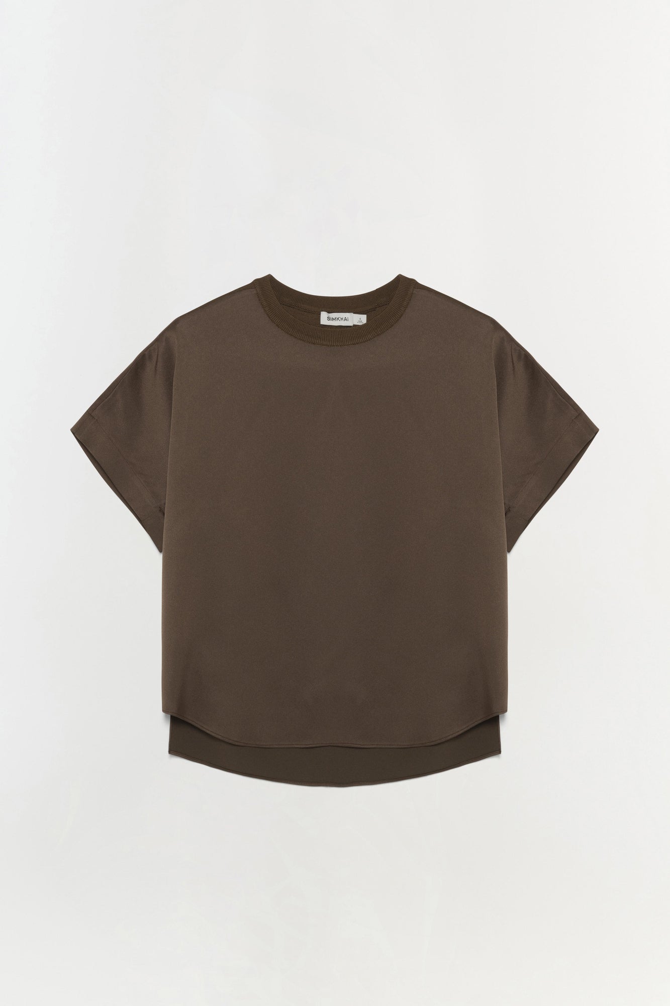 Brown satin t-shirt with short sleeves, crew neckline, and layered hem detail.