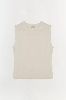 Cream cashmere sleeveless vest with crew neckline and ribbed hem.