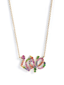 Love Letter Rainbow Pave Script Necklace | Multicolor Sapphire | 14K Yellow Gold