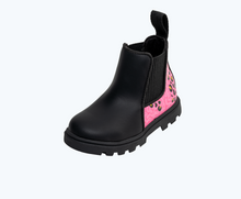 Angled view of a Native Shoes Kids Kensington Treklite Print Kids | Jiffy Black/ Jiffy Black/ Hollywood Warped Cheetah Footwear