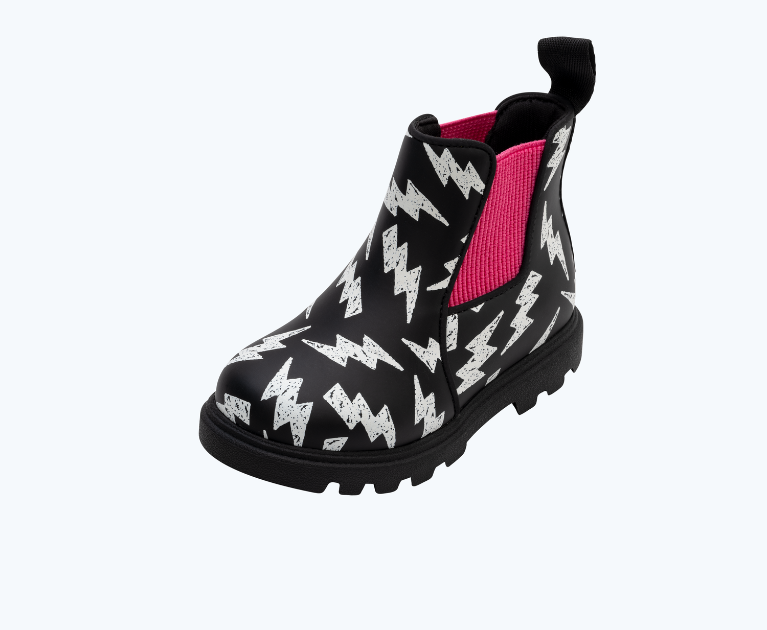 Angled view of a Native Shoes Kids Kensington Treklite Glow Junio Kids | Jiffy Black/ Jiffy Black/ Shell Lightning Xl Glow Footwear