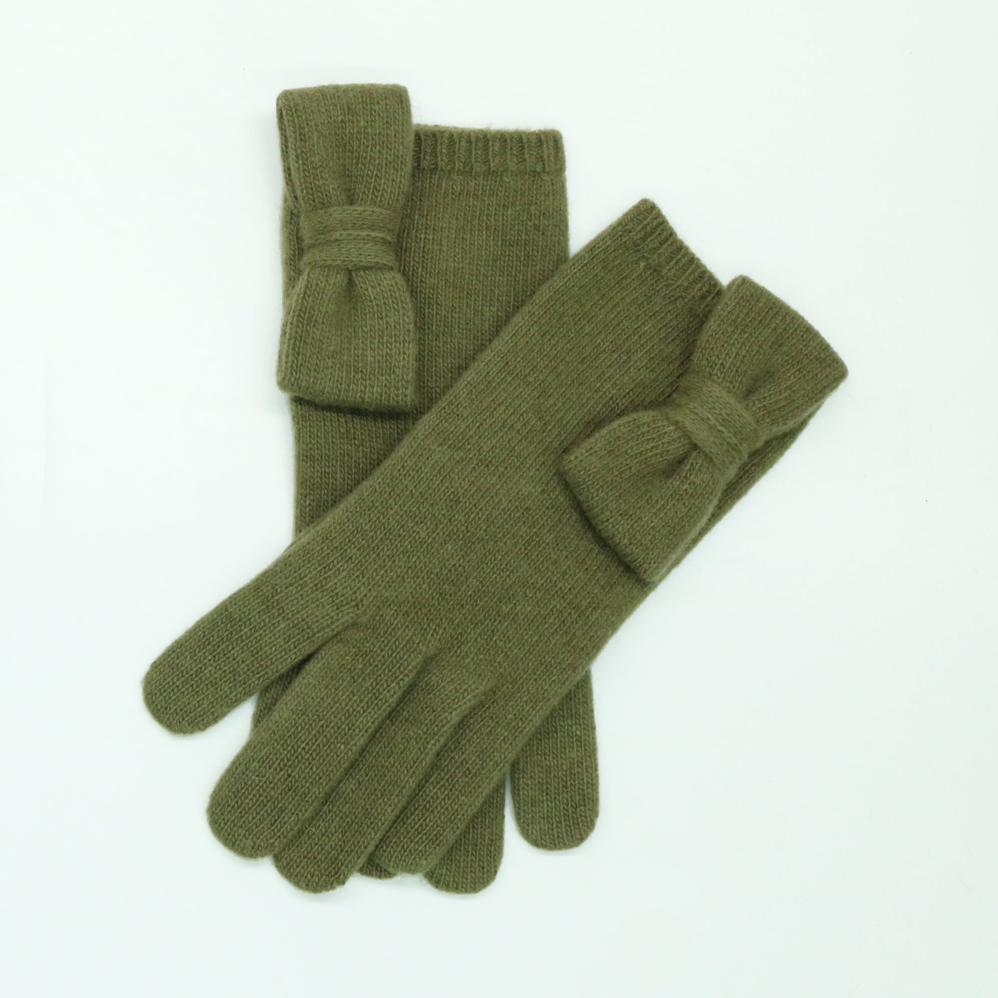 Womens | Cashmere Gloves with Bow | Martini Olive