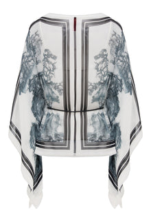 Neo-Chinese Chinese Style Printed Round Neck Silk Shirt | White