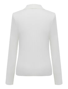 Button V-Neck Ribbed Knit Top | White
