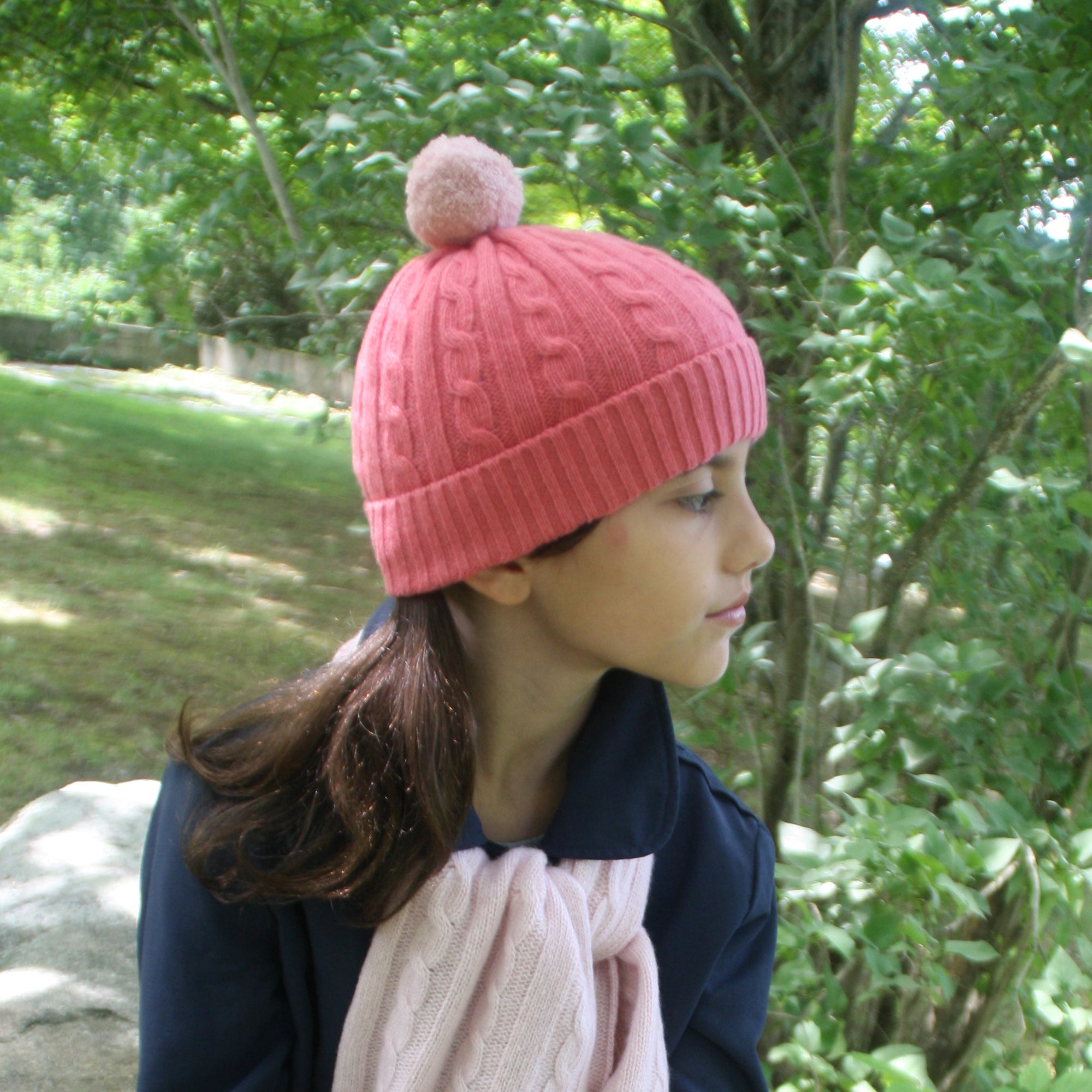Kids | Cashmere Hat with Cables And Pom | Pink