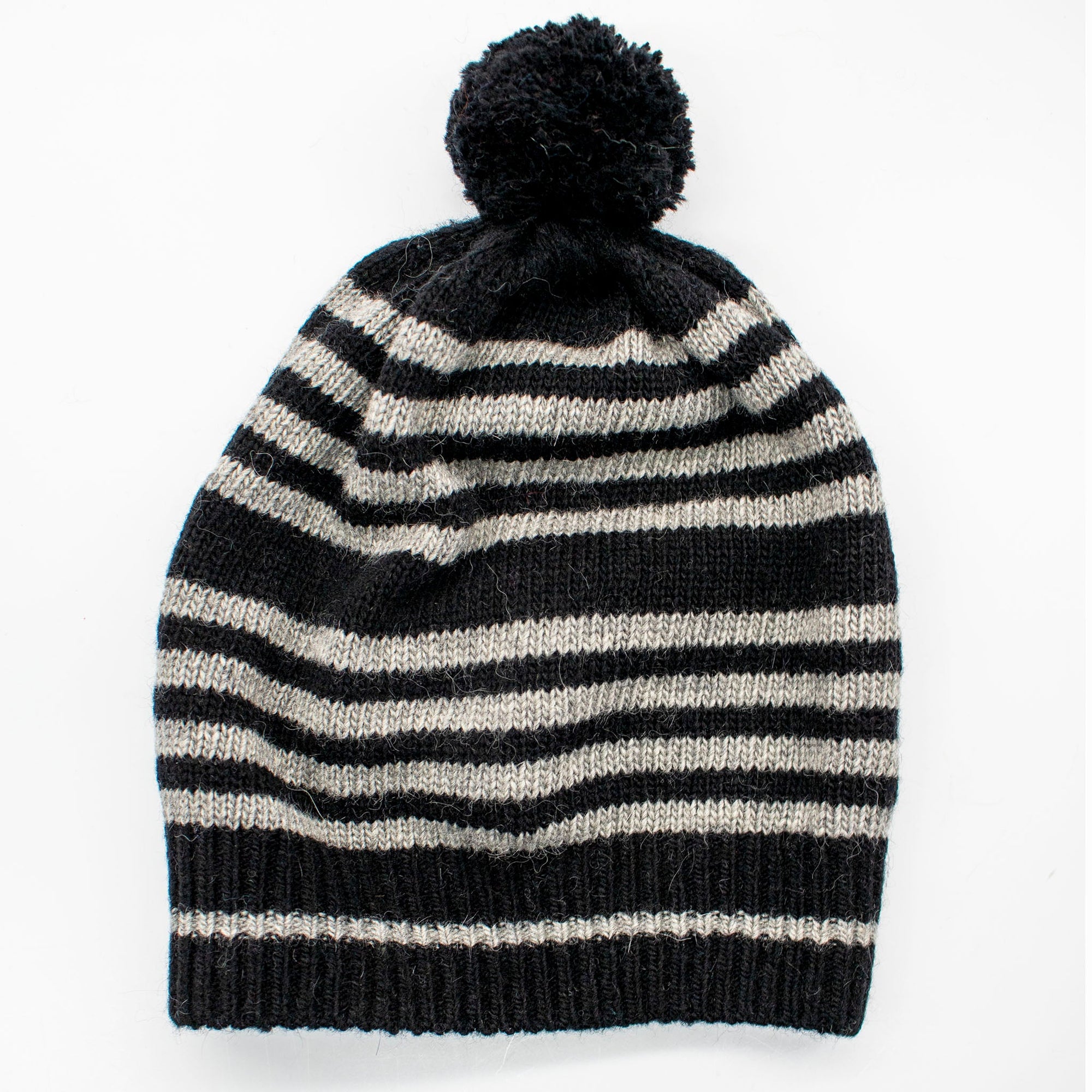 Kids Striped Slouchy Hat With Pom | Black/ Light Grey